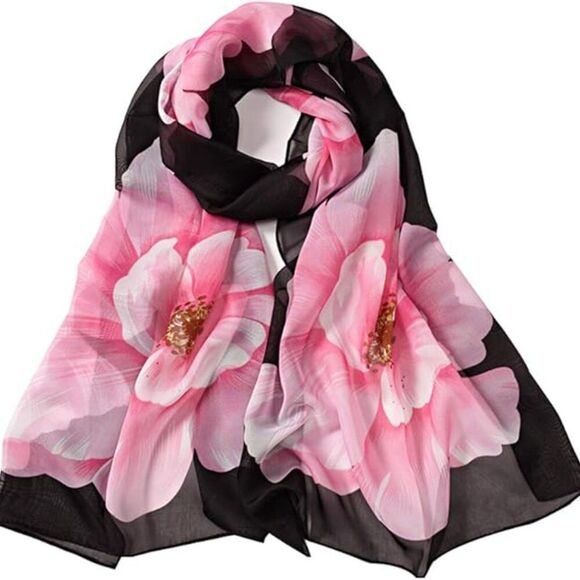 LIANG DIAN Black with Pink Flowers Lightweight Scarf Wrap 60 x 19 inches - Picture 8 of 12